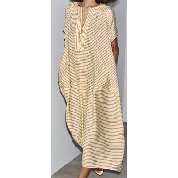 Zara ZW Collection Kaftan Tunic Maxi Dress in Butter Yellow Stripe NWT Sz. S - Picture 5 of 9